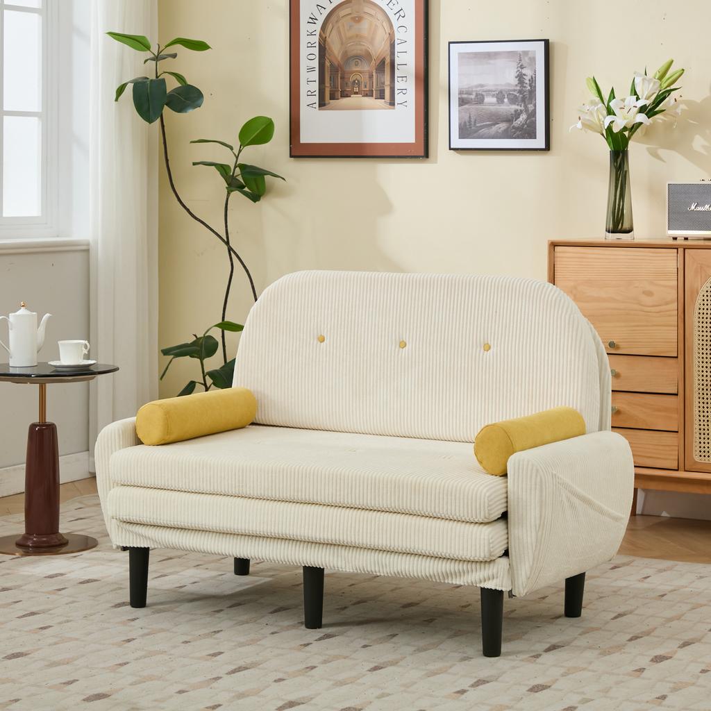 Ivory-Colored Corduroy Loveseat Sofa for the Living Room, as Daybed and Recliner with Storage Space.