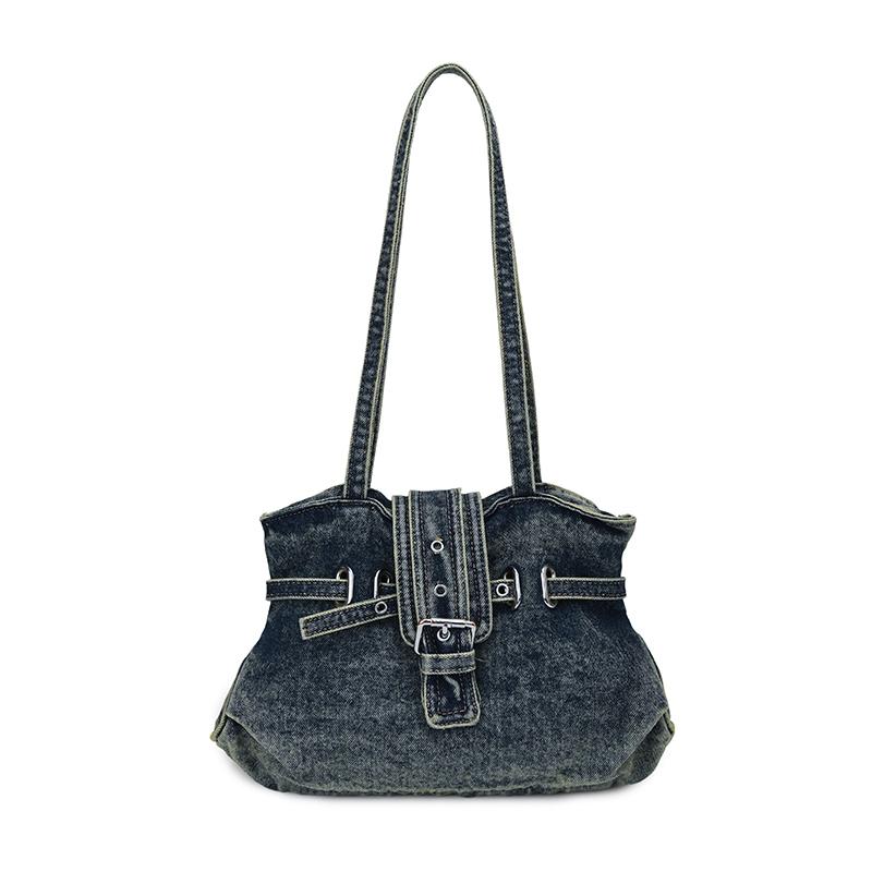 

Women s Vintage Washed Denim Hobo Bag, Y2K Punk Buckle Strap Shoulder Handbag, Retro Large Capacity Commuter Tote Bag for Daily синій