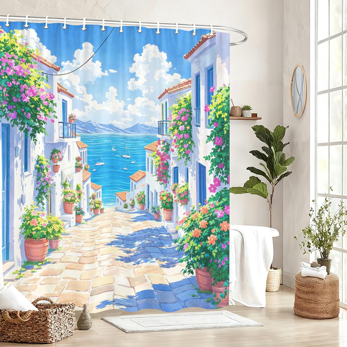 Monika Chen Scenic Coastal Themed Polyester Shower Curtain - 2D Printed Beach & Seaside Scene Bathroom Decorative Curtain
