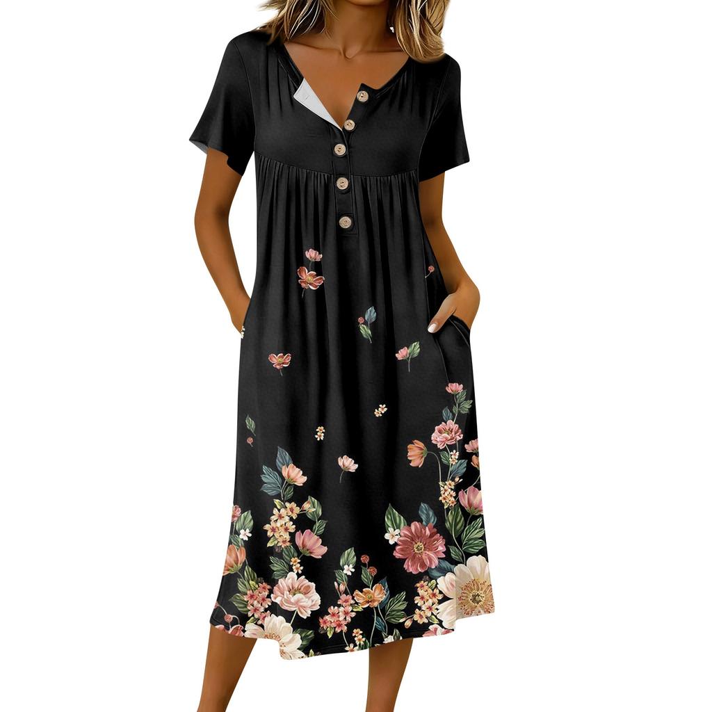 Modna damska sukienka retro z nadrukiem, okrągłym dekoltem, krótkim rękawem, zapięciem na guziki, o średniej długości, codzienna