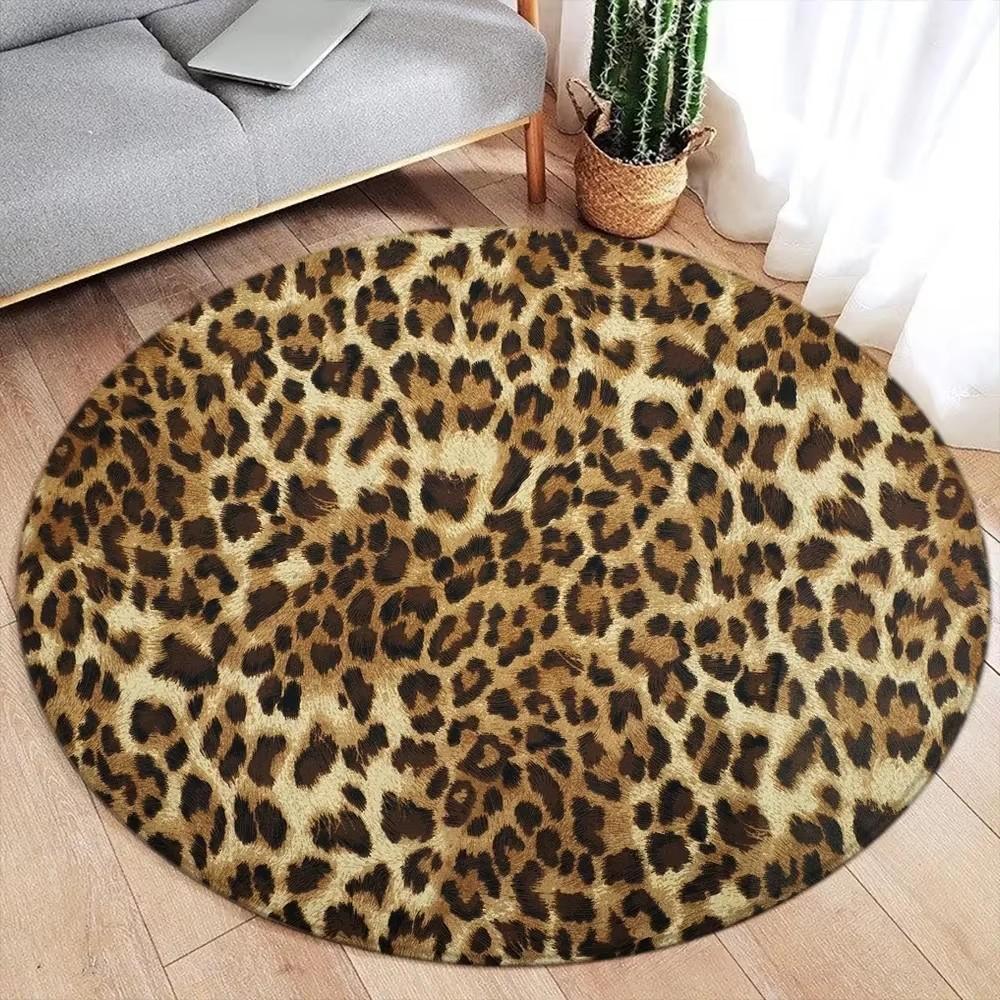 Brown Leopard Print Round Carpet Fashion Animal Fur Pattern Woman Girl Living Room Bedroom Flannel Floor Rugs Home Decorative