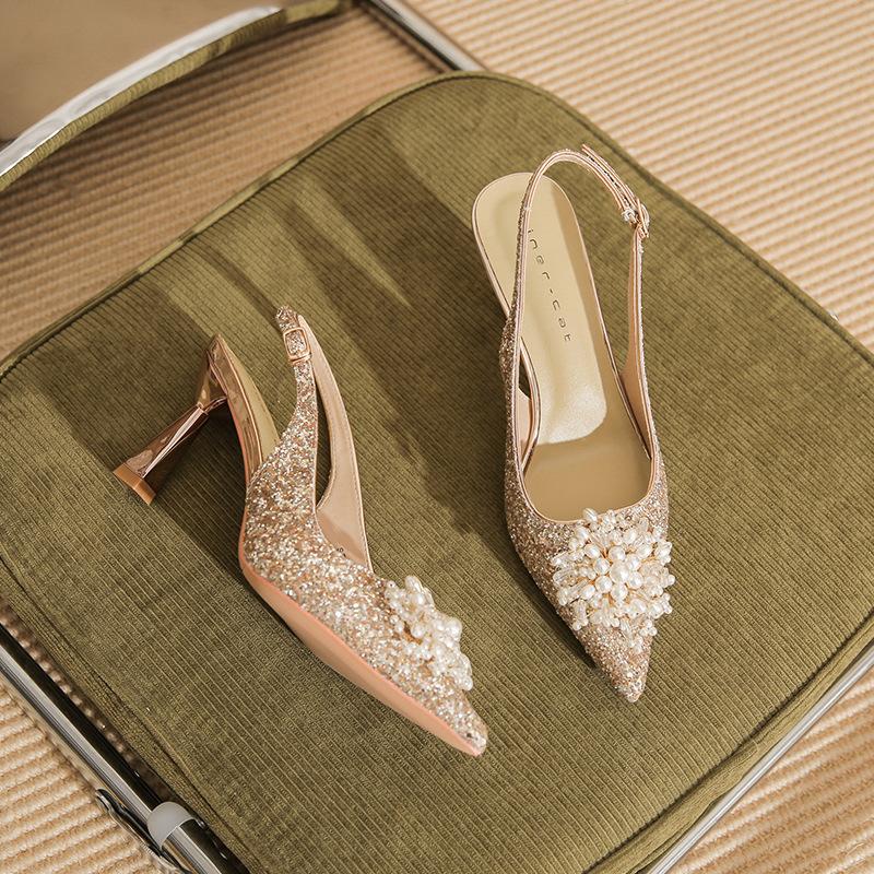 7521-8 [sheepskin] High-heeled Wedding Shoes Women's Thin Heels 2025 New Pointed Sandals Sequined Pearl Single Shoes