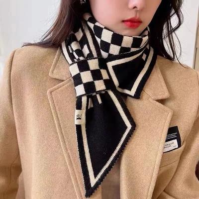 Women's Korean Style Knitted Wool Scarf Spring Autumn Cross Short Plaid Strips Scarves Winter Neck Cover Neck Scarf All-match Collar Scarf