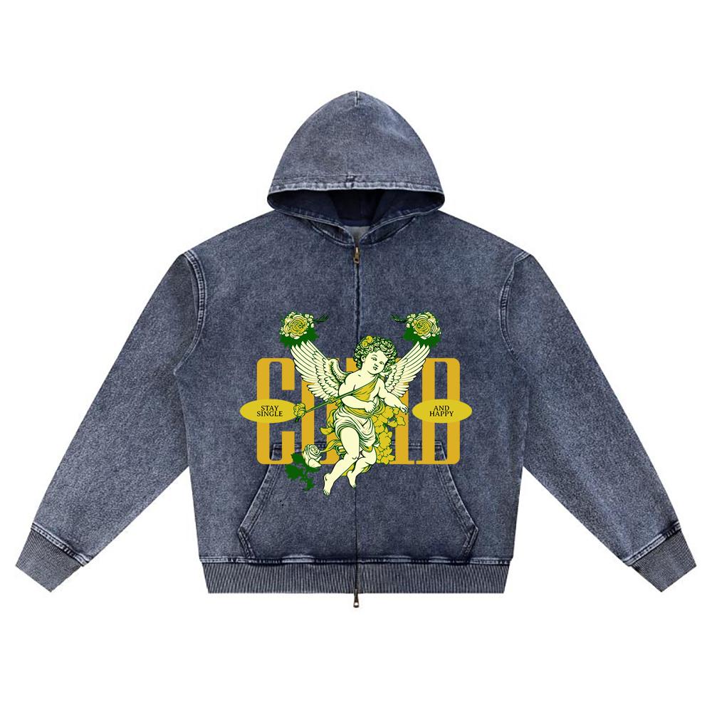 

DTG print Knitted Denim Zip-Up Hoodie Cupid Brother Print Zipper Hoodies XL