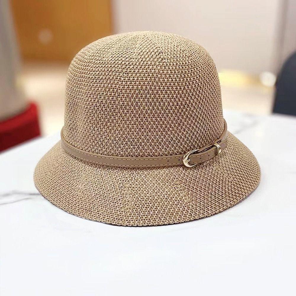 Style Caps Wide Brim Summer Bucket Hats Women Sunscreen Hats Outdoor Straw Hats PU Leather Belt