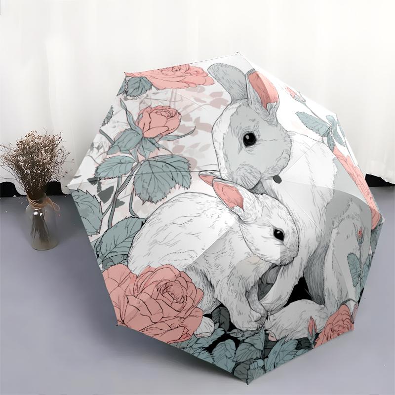 Cartoon Rabbit pattern, automatic folding umbrella, portable and foldable design, 8 ribs, a Christmas or birthday gift.