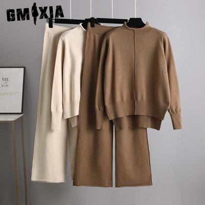 Two-piece Knitted Sweater Set for Women's Autumn and Winter Loose and Casual Wide-leg Pants Set with Elegant Style