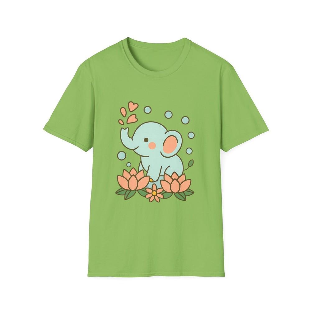 

Unisex Softstyle Cute Baby Elephant T-Shirt – Lotus, Bubbles and Whimsical Hearts 4XL