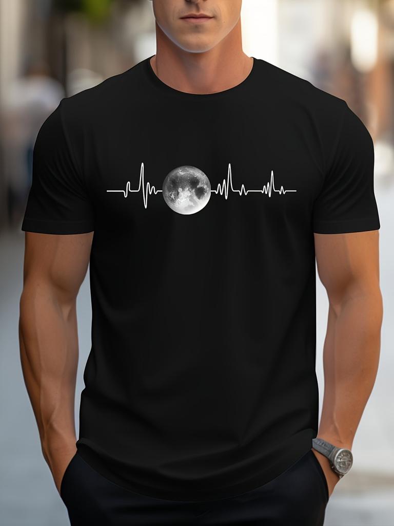 Herren Sommer bequemes und atmungsaktives Rundhals-T-Shirt mit Monddruckmuster Polyestergemisch maschinenwaschbar Outdoor-Top