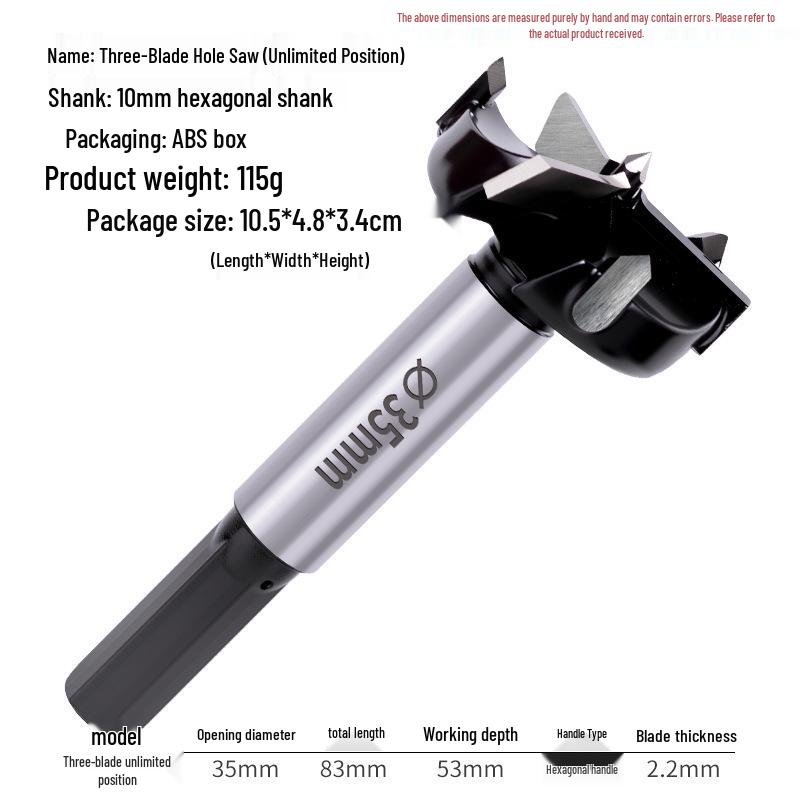 35mm Professional Double-Edge Hinge Hole Opener with Round & Hex Shank, Alloy Depth Stop