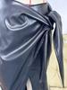 Elegant High-Waisted PU Leather Glossy Slit Skirt with Bow for Women