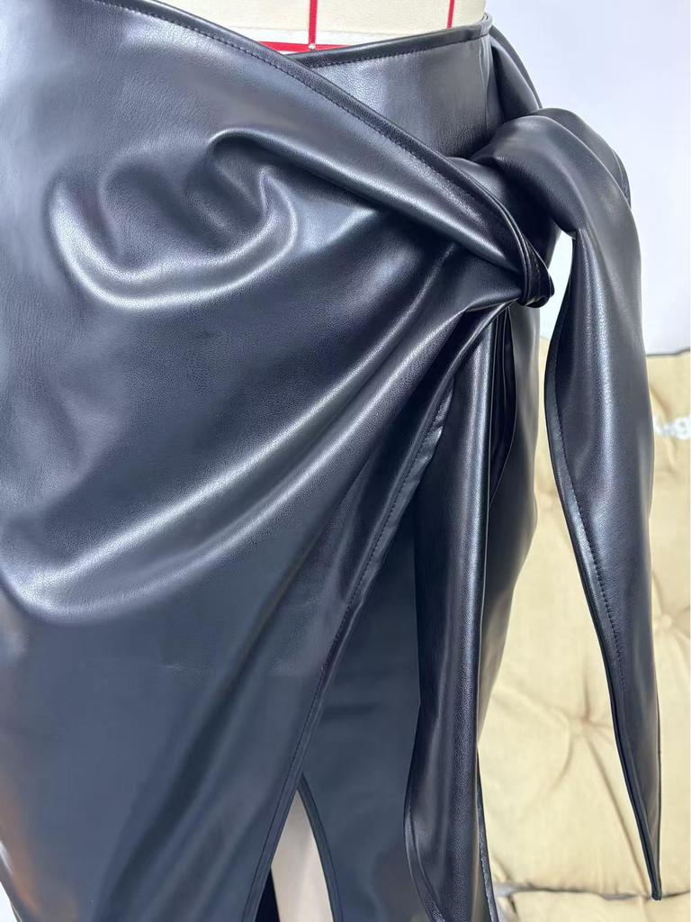 Elegant High-Waisted PU Leather Glossy Slit Skirt with Bow for Women
