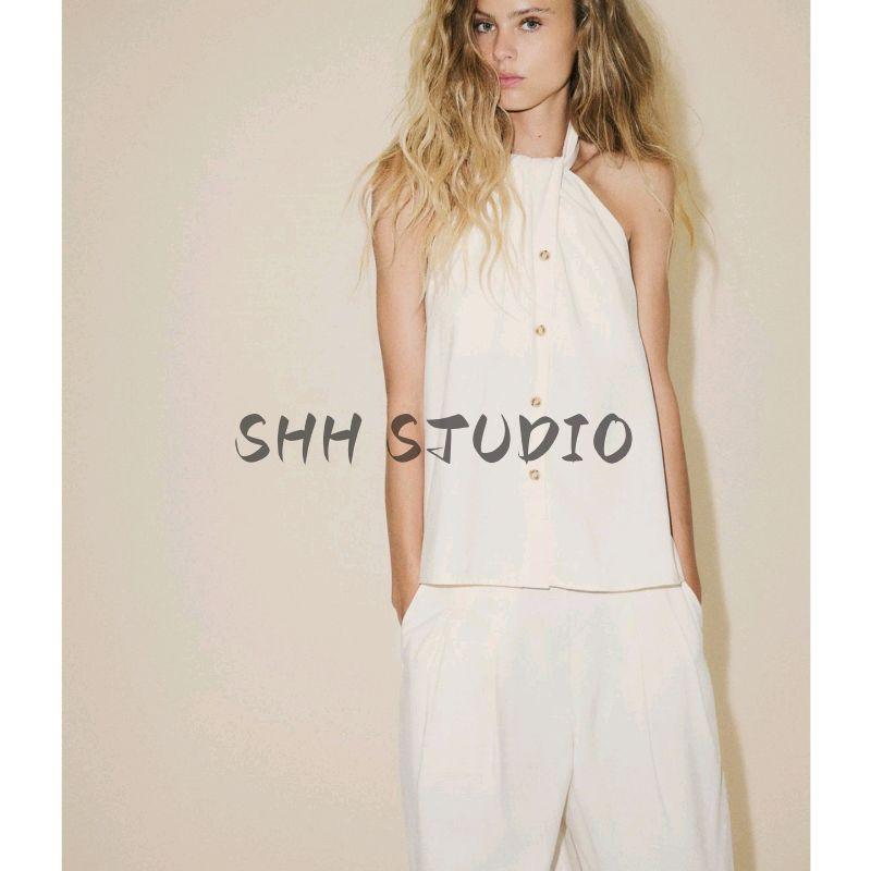 Hanging Collar Bowknot Decoration Vest 2010809 Vertical Fabric Mid Waist Wide Leg Casual Trousers 8338504