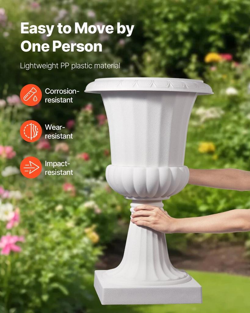 Plastic Urn Planters, 40 X 67 Cm, 2 Pack White Classic Flower Pots Front Porch Planters, Indoor & Outdoor Vase for Wedding, Party, Event, Home, Stage,