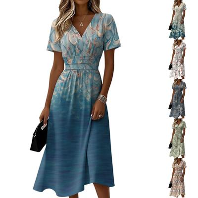 Women's V Neck Short Sleeve Casual Midi Dress with Floral Geometric Print and Elastic Waist for Everyday Wear Summer Outfits