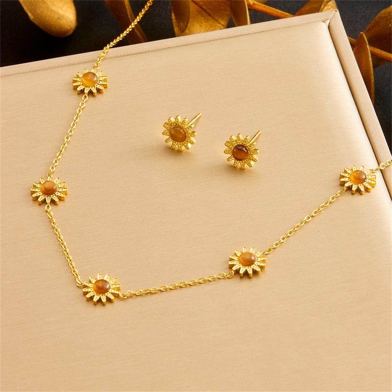 Fashionable Tiger Eye Sunflower Jewelry Set with Chain Necklace Earrings Bracelet