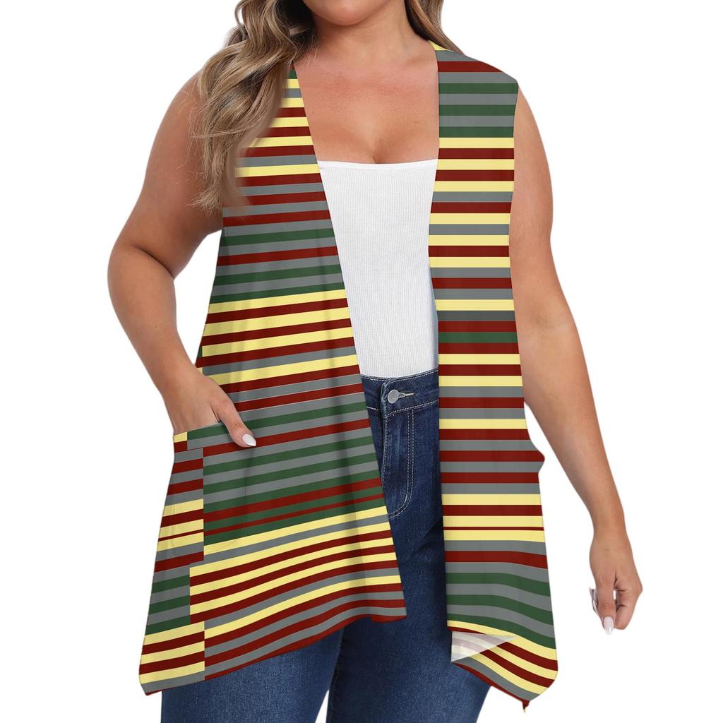 Damen Übergröße Locker Lässig Bedruckt Ärmellos Weste mit Tasche Strickjacke Jacke Strickjacke Jacke