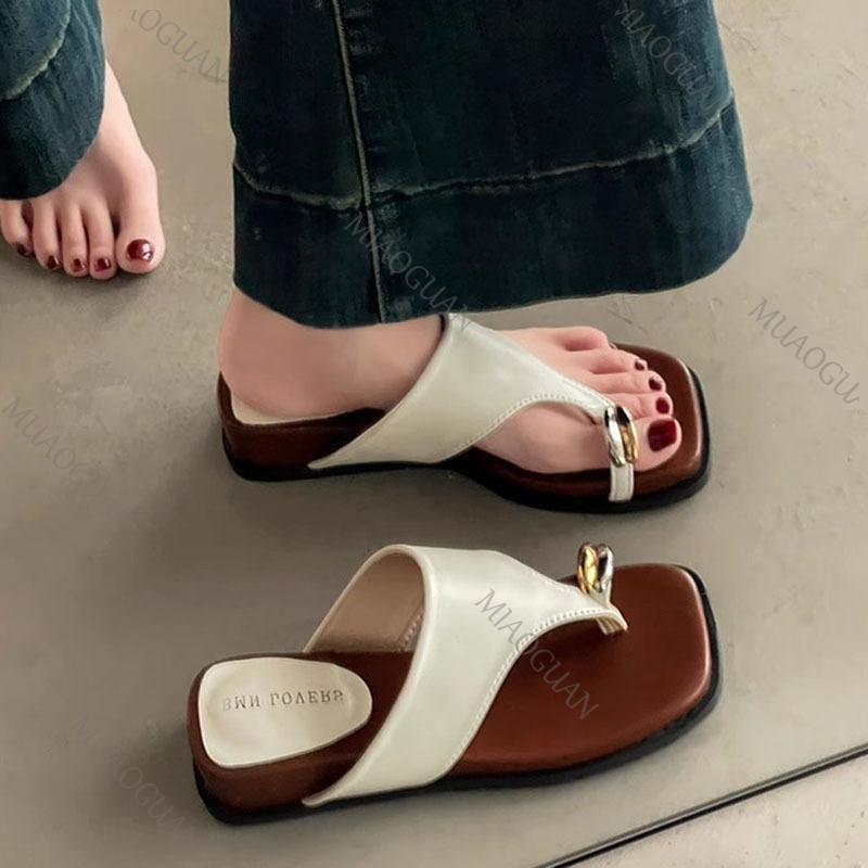 Fashion Summer Retro Leopard Metal Buckle Clip Toe Slippers for Women Wedges Middle Heel Fashion Outer Wear Flip Flops Beach Slides