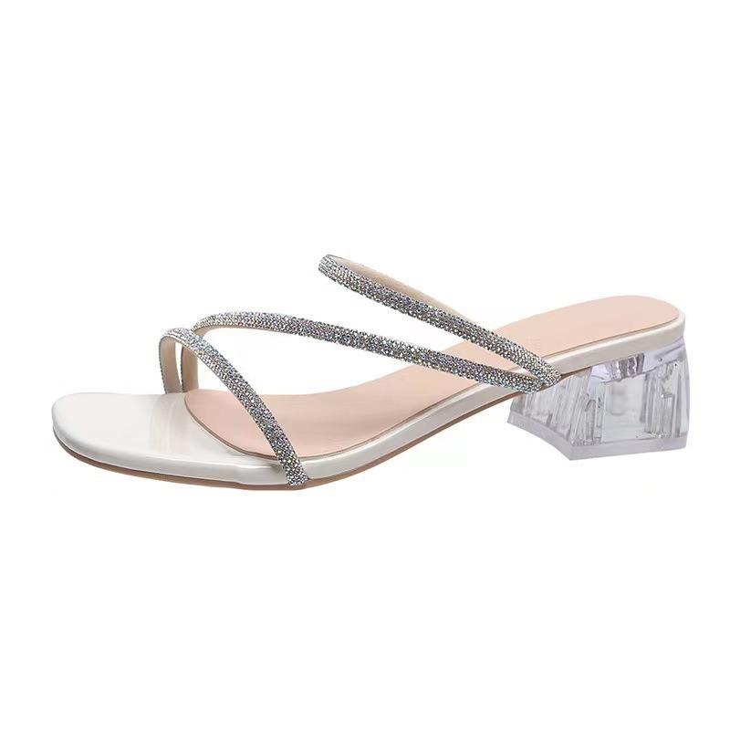 High heel cool slippers fairy summer fairy rhinestone middle heel with one word fashion slippers Korean version new