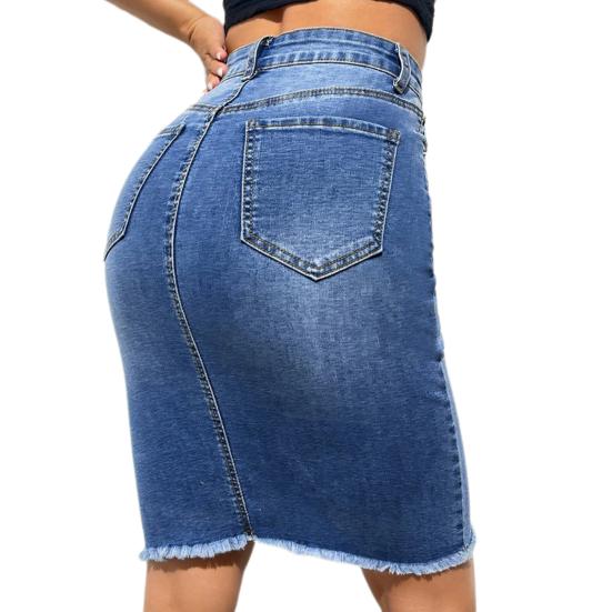 Women Denim Skirt High Waist Button Zipper Fly Multi Pockets Midi Skirt Solid Color Hip Wrapped Tassel Hem Washed Skirt