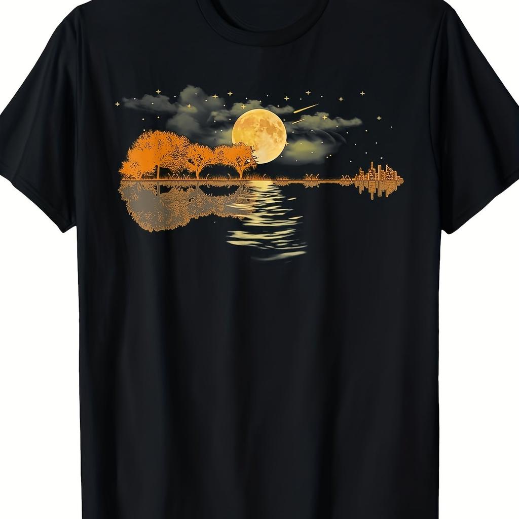 Guitar Lake Reflections Love Musician Acoustic Guitar T ShirtLightweight Breathable Men's and Unisex's C Sleeve Crew Neck Shirt
