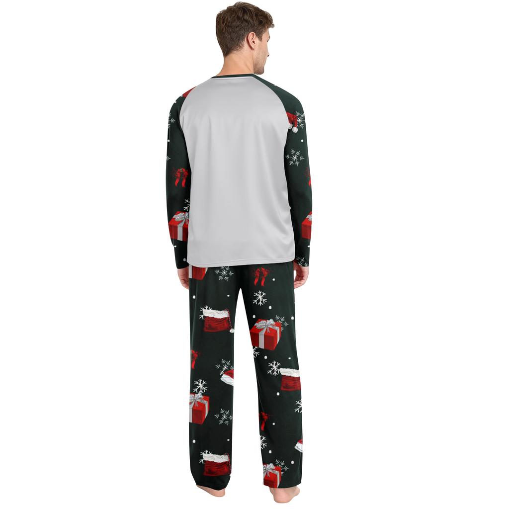Men's Printed Round Neck Top Casual Comfortable Long-Sleeved Pants Pajama Set