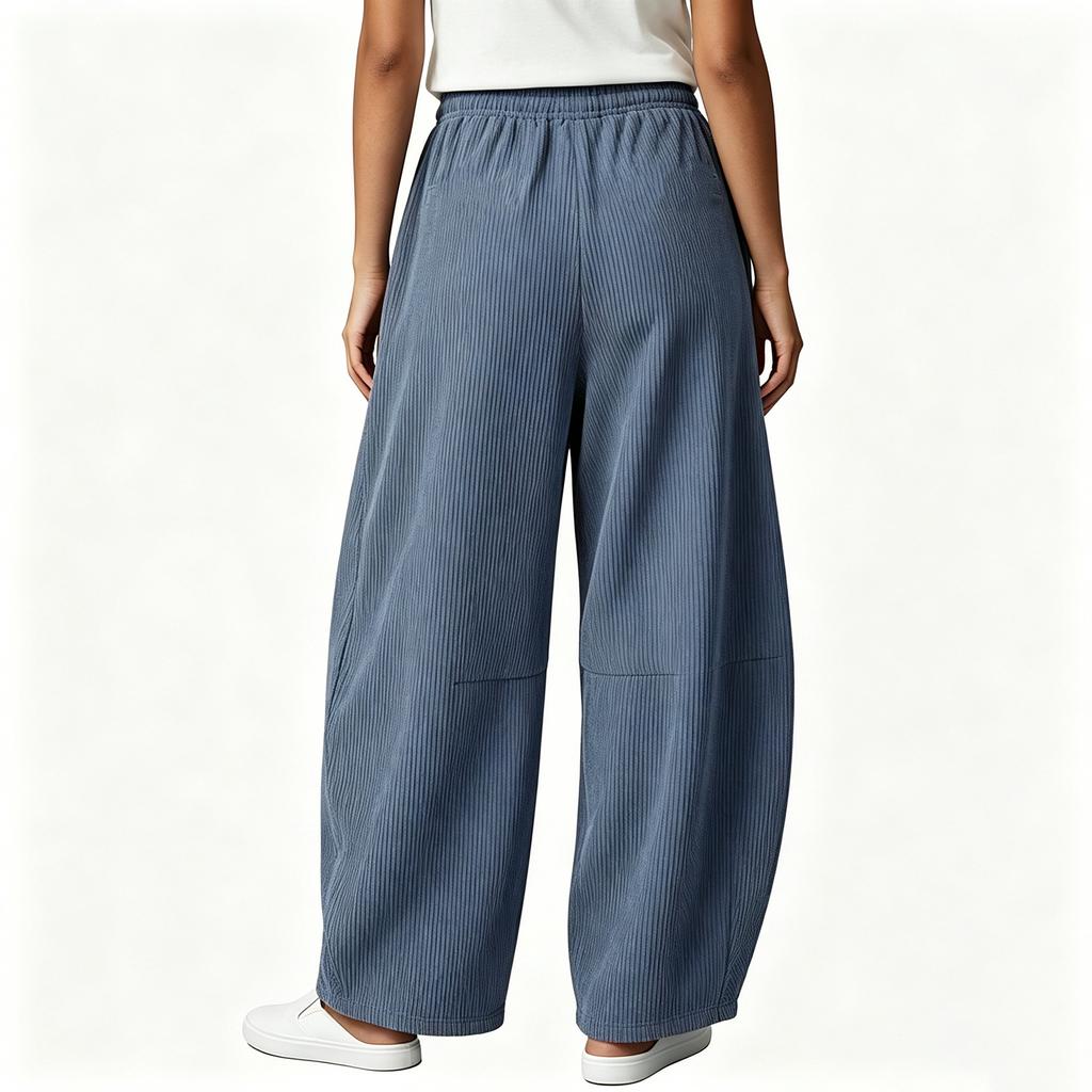 Women Corduroy Barrel Pants Elastic Waist Wide Leg Trousers Baggy Pant with Pockets Women's Casual Pants Comfy