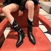 2025 New Style High Heels Mid Calf Pleated Boots for Women Autumn Winter Leather Western Boots Woman Thick Heeled Boots