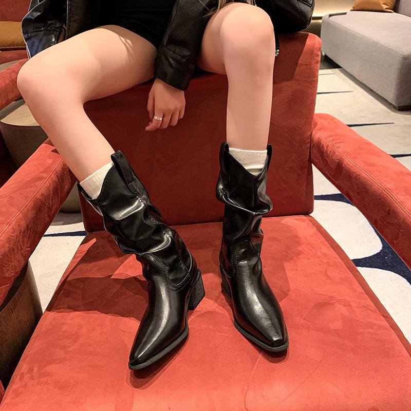 2025 New Style High Heels Mid Calf Pleated Boots for Women Autumn Winter Leather Western Boots Woman Thick Heeled Boots