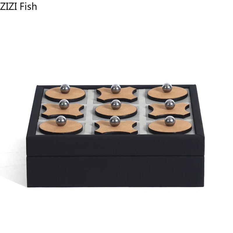 Minimalism Leather Tic-Tac-Toe Game Chessboard Geometric Artwork Ornaments Desk Decoration Chess Pieces Casual Chess Game