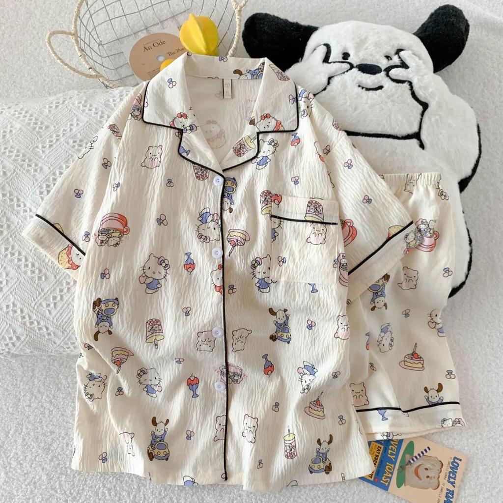 Women's Cartoon Cloud Cotton Pajama Set - Cardigan, Short Sleeve, Shorts, Home Wear