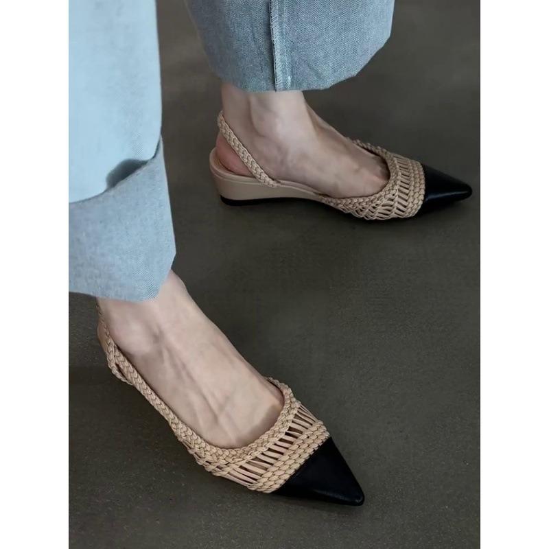 Sheepskin retro style pointed head color matching hollow woven high-heeled sandals women's summer buckle strap bag head shoes