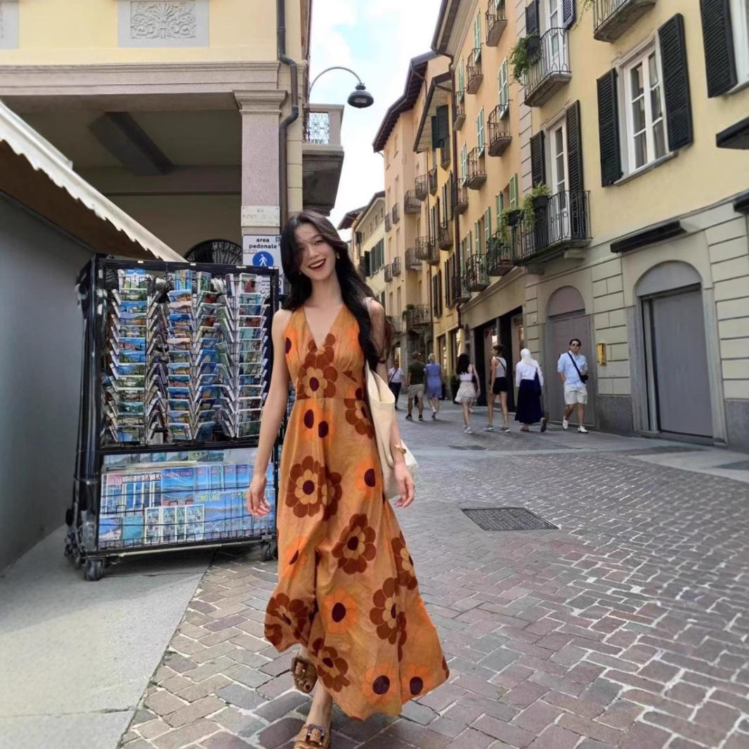 South East Asia vacation style new long dress pullover print temperament commuter dress bohemian beach dress S оранжевый