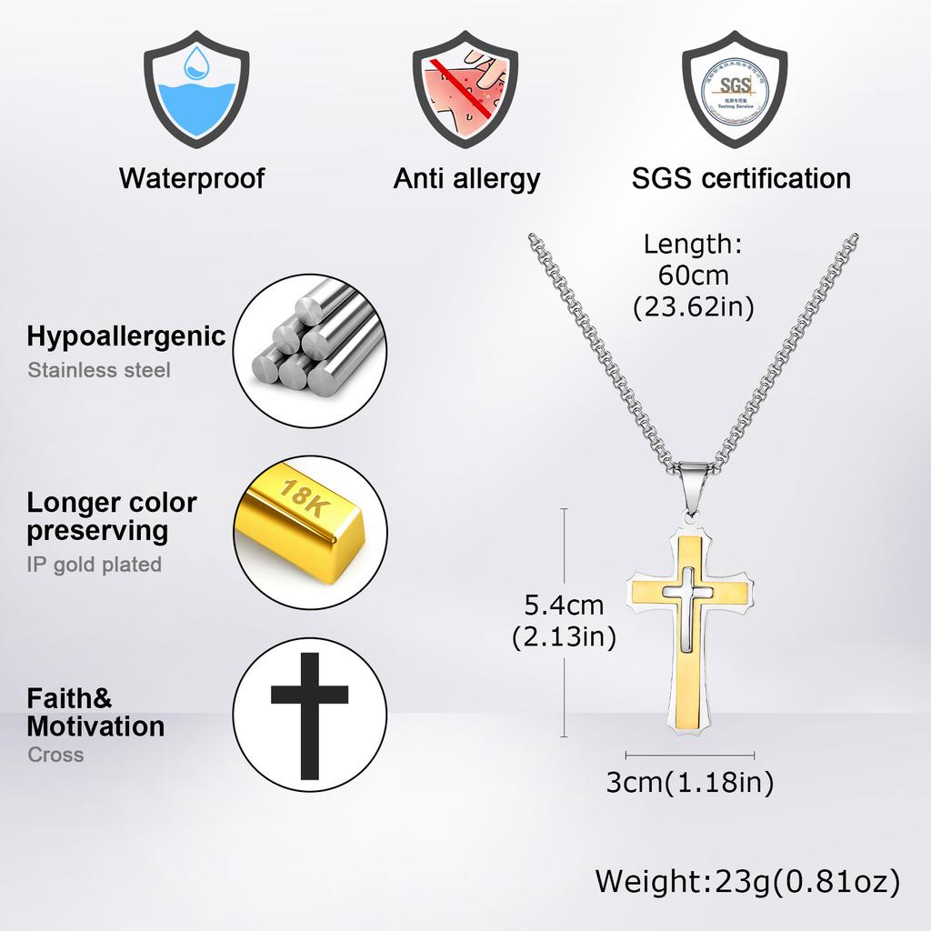3D Cross Pendant Necklaces for Men Boys,Black Gold Color Stainless Steel Cross Necklace,Hiphop Punk Party Gift