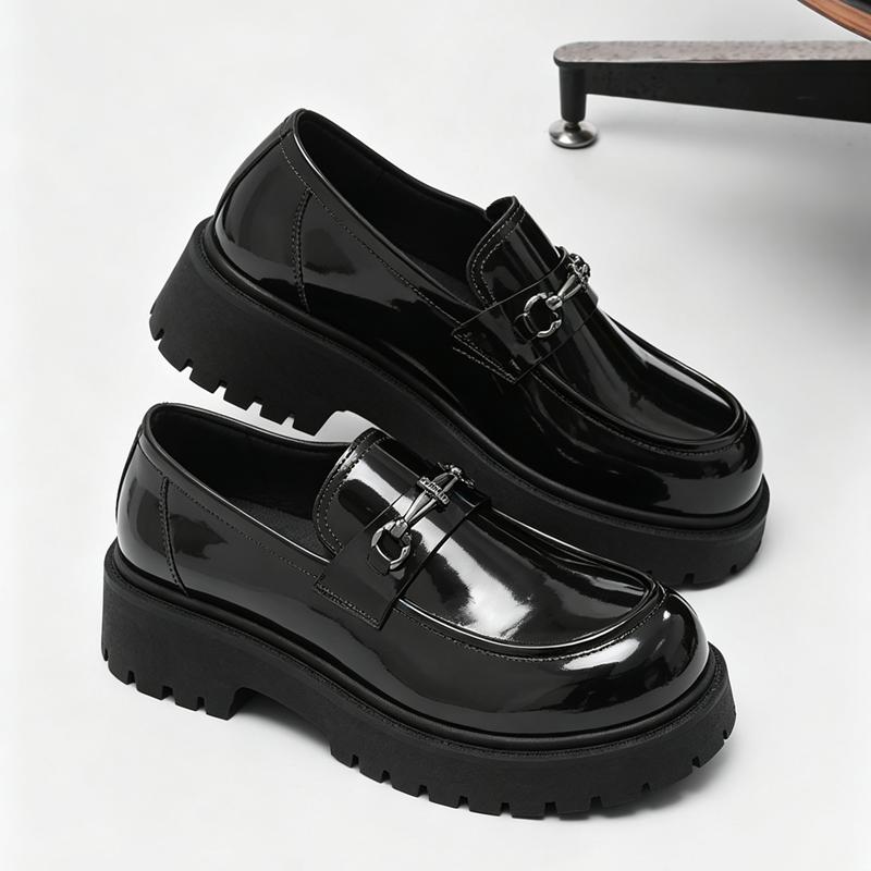 Men Glossy Black Loafers Thick Sole