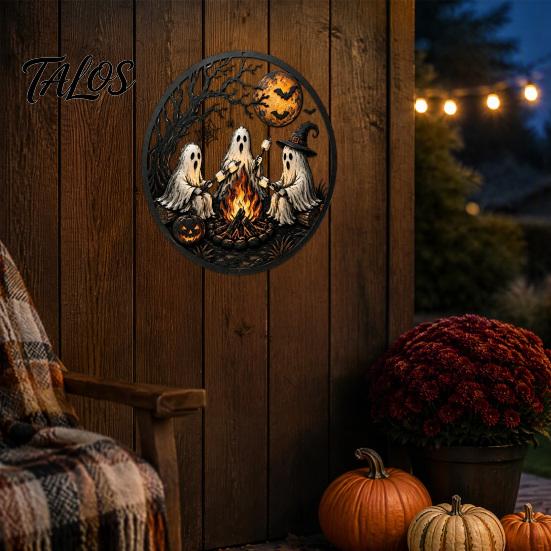 Garden Hanging Decorations Ghost Campfire Halloween Metal Wall Sign, Ghosts Roasting Marshmallows Round Cute Plaque, Spooky Art Decor for Porch
