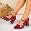 New Medium Heel Shoes Thick Heel Single Shoes One-word Buckle Belt Shallow Mouth Mary Jane Shoes Large Size Shoes