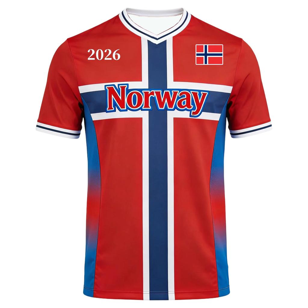 2026 Norwegen Fußballtrikot Rot Blau Flaggenprint Fußball V-Ausschnitt Shirt Atmungsaktiv Schnelltrocknend Sportoberteil für Kinder Erwachsene Fans