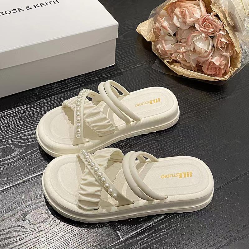 Summer Slippers for Women Fashionable Home Indoor Anti Slip Pearl Casual Beach Shoes