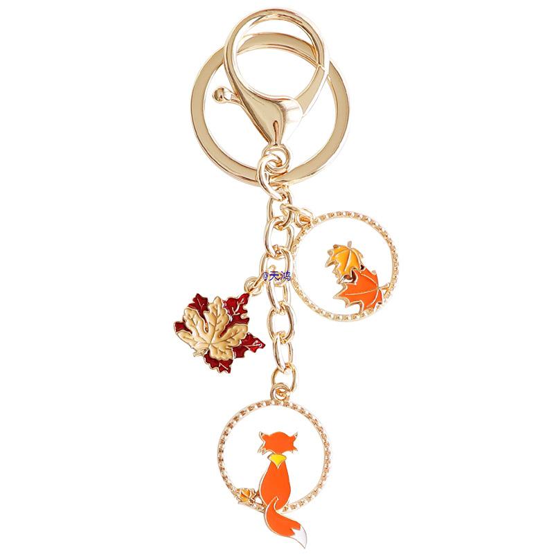 Handmade Cartoon Fox & Maple Leaf Keychain - Couple Bag Charm and Car Accessory