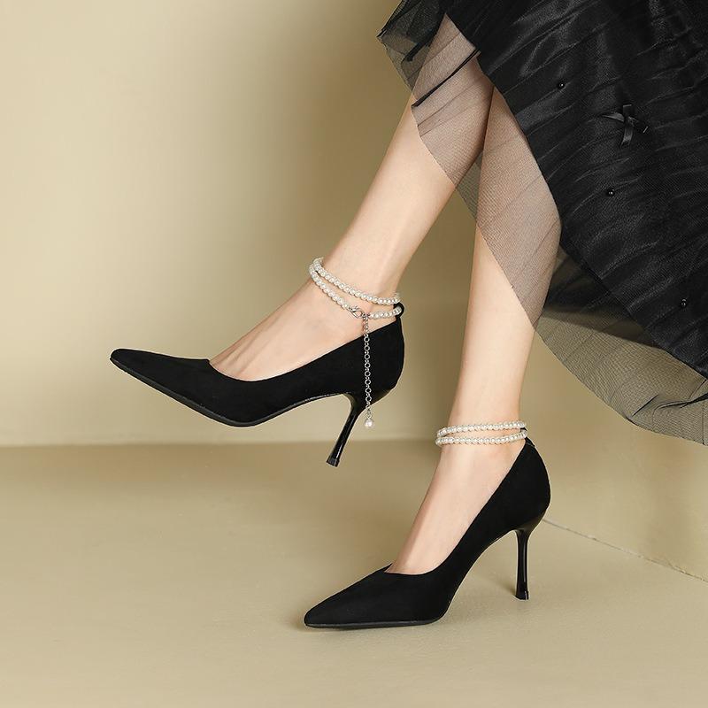 1-Word Pearl Suede Single Shoes Women's Pointed Head Stiletto High Heels Sexy Bride Bridesmaid Xiuhe Wedding Shoes