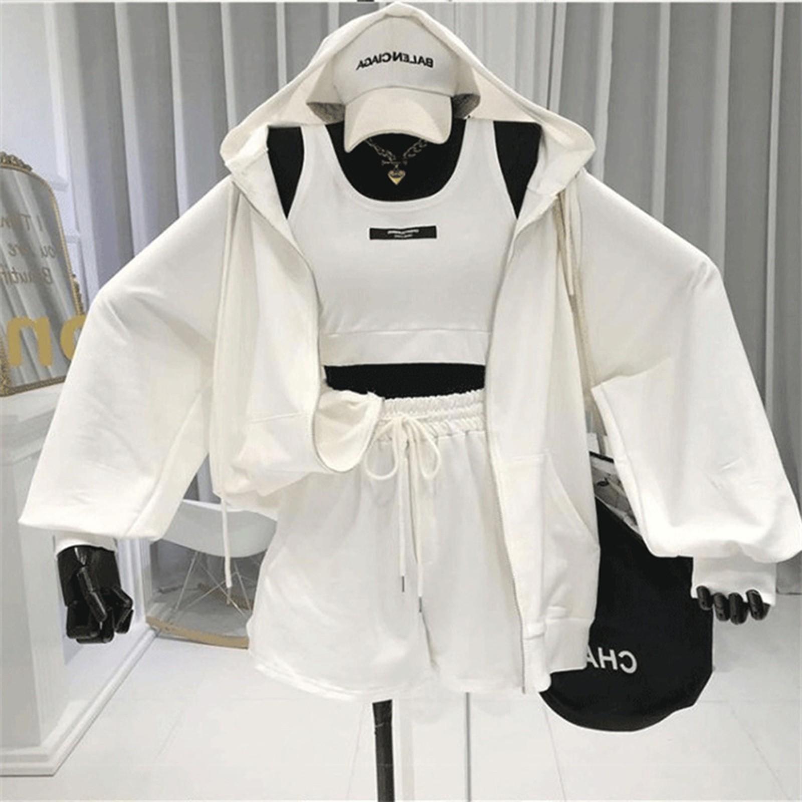 

Спортивный костюм, женская мода для отдыха, снижения возраста, фитнеса, бега, уменьшающая возраст, куртка с капюшоном + майка + шорты, комплект из трех предметов L белый