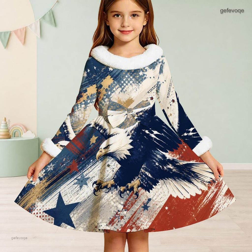 Girls High Neck Long Sleeve Furry Trim Tie Waist Red White Blue Eagle Star Printed A Line Flared Dress