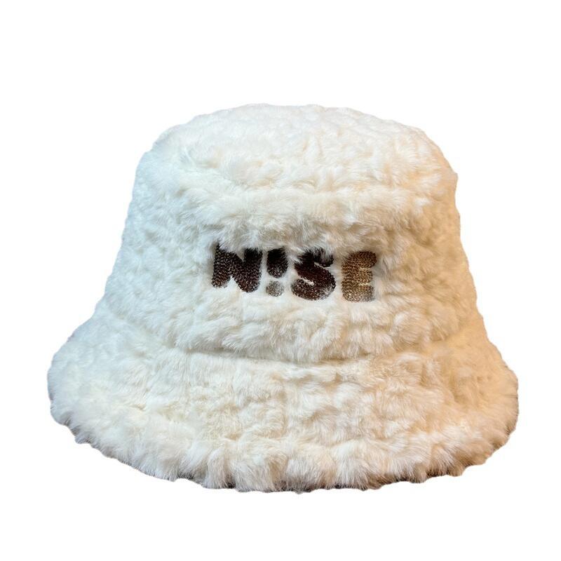 Neuer Plüsch Fischerhut für Damen im Winter Verdickt und warm Großer Kopfumfang Winter Koreanischer Stil Ins Trendig Buchstaben Vielseitiger Bucket Hat