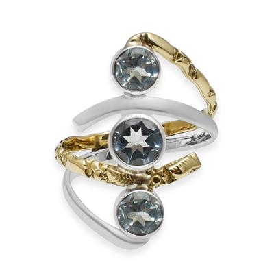 Natural Blue Topaz Three Stone Eye Shape Ring 925 Sterling Silver Two Tone Bypass Ring For Women & Girls