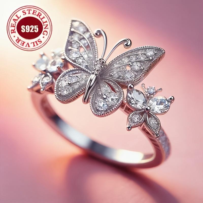 S Silver Fairy Three-Dimensional Double Butterfly Fully inlaid5A Zircon Women's Ring Elegant and Delicate Butterfly-Shaped Ring In Forest Style