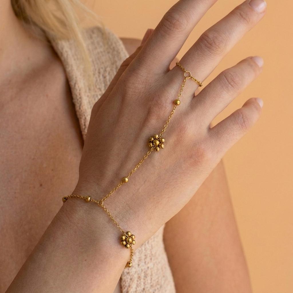 Stainless Steel Crystal Flower Hand Chain Ring Bracelet for Women Gold Plated Beads Adjustable Bracelets Party Wedding Jewelry