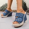 2025 New Women Platform Sandals Straw Weaving Thick Sole Denim Shoes Casual Double Buckle Strap Sandals Slides Women