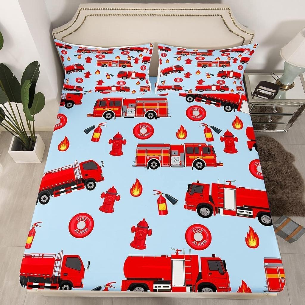 Feuerwehrauto Spannbettlaken Cartoon Auto Bettwäscheset für Jungen, Feuerwehrmann Bettlaken Set Feuerwehrmann Auto Fahrzeug Feuerwehrwagen Bettdecke