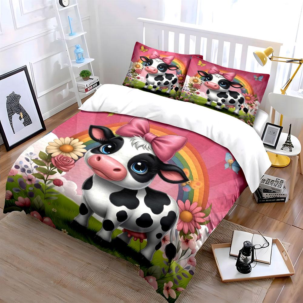 Set Biancheria da Letto con Stampa Mucca Carina e Sfondo Arcobaleno 1 Copripiumino 2 Federe per Adulti e Bambini Regalo di Lusso Misura Matrimoniale
